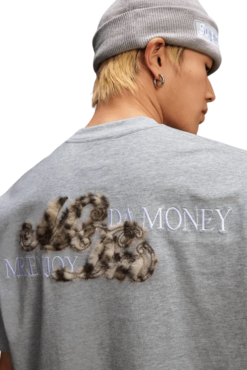 MEDM SS25 Leopard Fur Big M Tee featuring a unique leopard print design on a gray background.