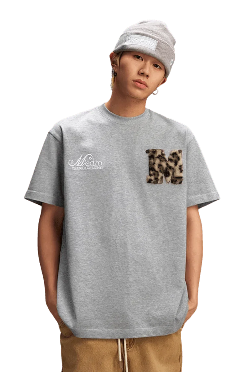 MEDM SS25 Leopard Fur Big M Tee in Grey with Leopard Print Pocket for Stylish Casual Wear