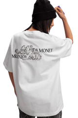 MEDM SS25 Leopard Fur Big M Tee by Mr Enjoy Da Money featuring a stylish back design on a white shirt