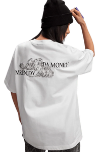 MEDM SS25 Leopard Fur Big M Tee by Mr Enjoy Da Money featuring a stylish back design on a white shirt