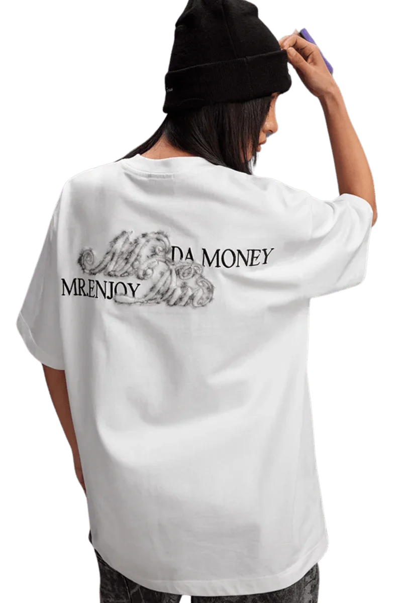 MEDM SS25 Leopard Fur Big M Tee by Mr Enjoy Da Money featuring a stylish back design on a white shirt