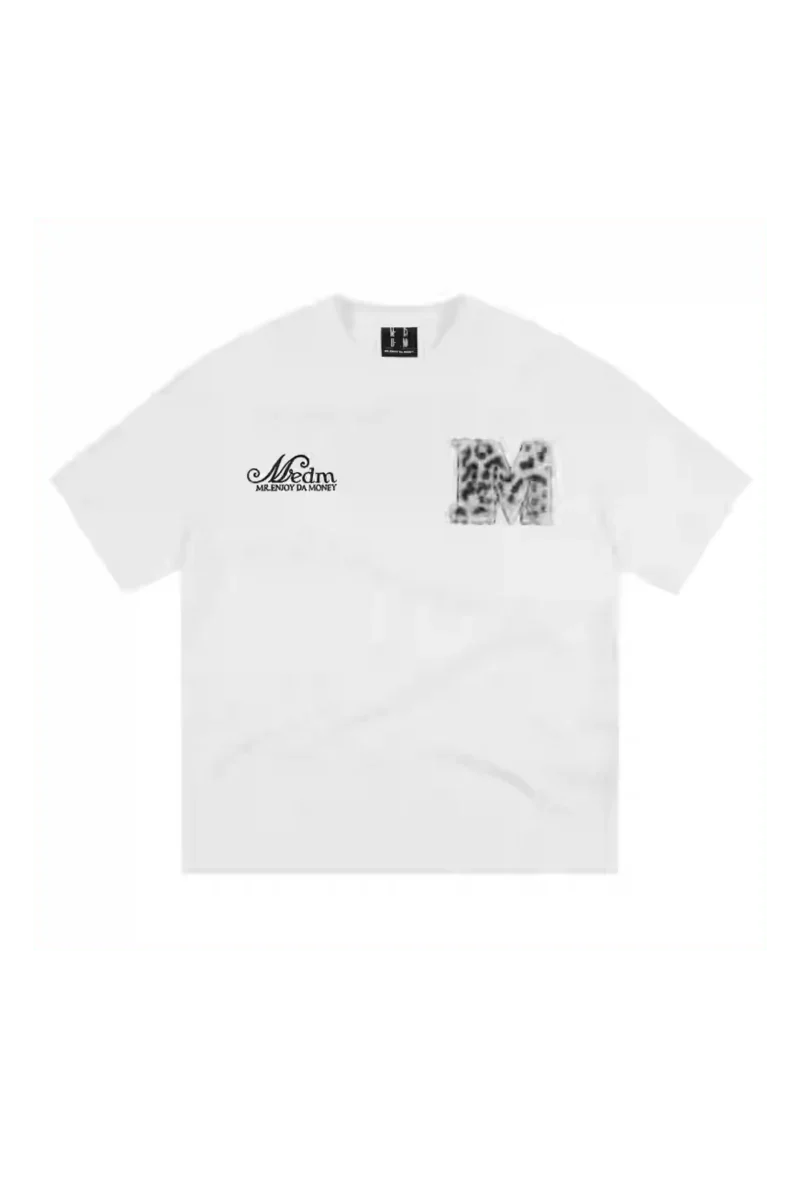 MEDM SS25 Leopard Fur Big M Tee in white with leopard print logo design