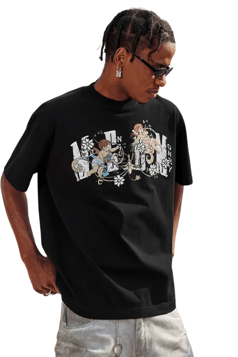 MEDM SS25 Little Angel Flower Vine Tee in black featuring unique graphic design and relaxed fit for casual style