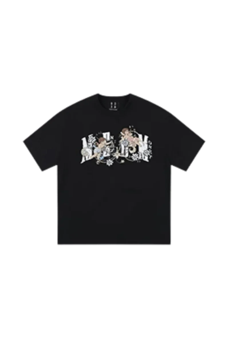 MEDM SS25 Little Angel Flower Vine Tee in black featuring unique graphic design