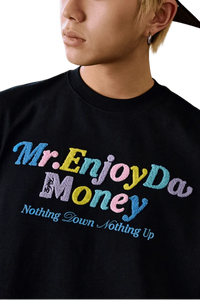 MEDM SS25 Macaron Velvet Embossed Tee in black featuring colorful text design by Mr Enjoy Da Money