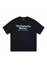 MEDM SS25 Macaron Velvet Embossed Tee in black featuring colorful logo from Mr Enjoy Da Money