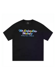MEDM SS25 Macaron Velvet Embossed Tee in black featuring colorful logo from Mr Enjoy Da Money