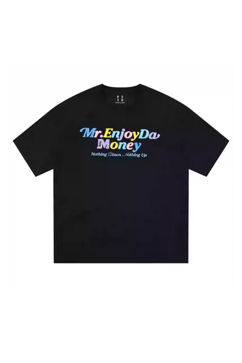 MEDM SS25 Macaron Velvet Embossed Tee in black featuring colorful logo from Mr Enjoy Da Money