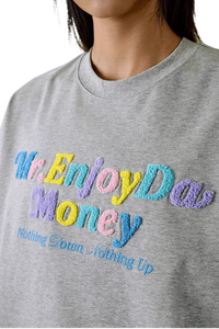 MEDM SS25 Macaron Velvet Embossed Tee in grey with colorful Mr Enjoy Da Money lettering