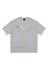 MEDM SS25 Macaron Velvet Embossed Tee in gray featuring colorful logo for a stylish casual look