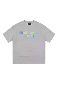 MEDM SS25 Macaron Velvet Embossed Tee in gray featuring colorful logo for a stylish casual look