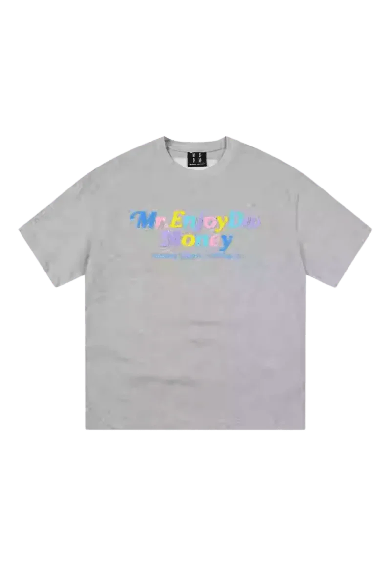 MEDM SS25 Macaron Velvet Embossed Tee in gray featuring colorful logo for a stylish casual look