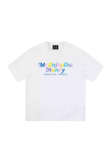MEDM SS25 Macaron Velvet Embossed Tee in white with colorful branding for a stylish look