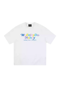 MEDM SS25 Macaron Velvet Embossed Tee in white with colorful branding for a stylish look