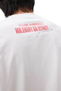 MEDM SS25 Neon Spray Paint Tee in White featuring bold back graphics including MR ENJOY DA MONEY