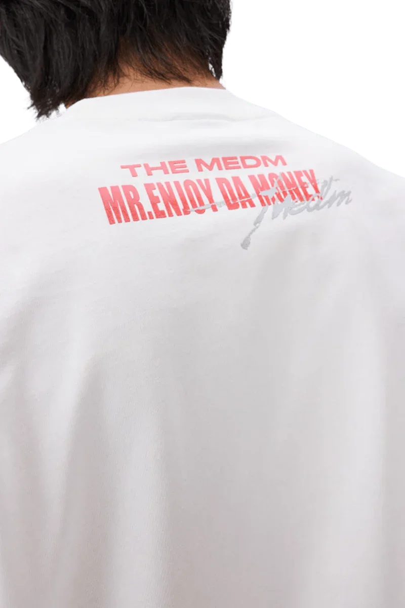 MEDM SS25 Neon Spray Paint Tee in White featuring bold back graphics including MR ENJOY DA MONEY
