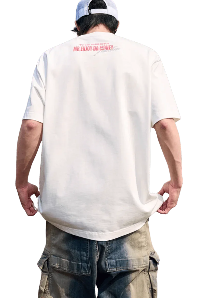 Men's MEDM SS25 Neon Spray Paint Tee in white, featuring a bold logo on the back for streetwear enthusiasts