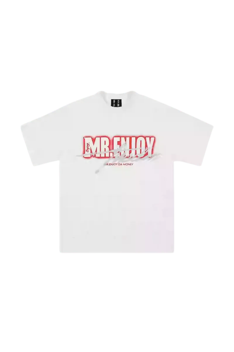 Mr Enjoy Da Money MEDM SS25 Neon Spray Paint Tee in white with bold graphic design