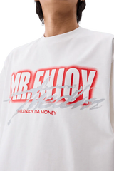 MEDM SS25 Neon Spray Paint Tee in white featuring bold Mr Enjoy Da Money graphic design