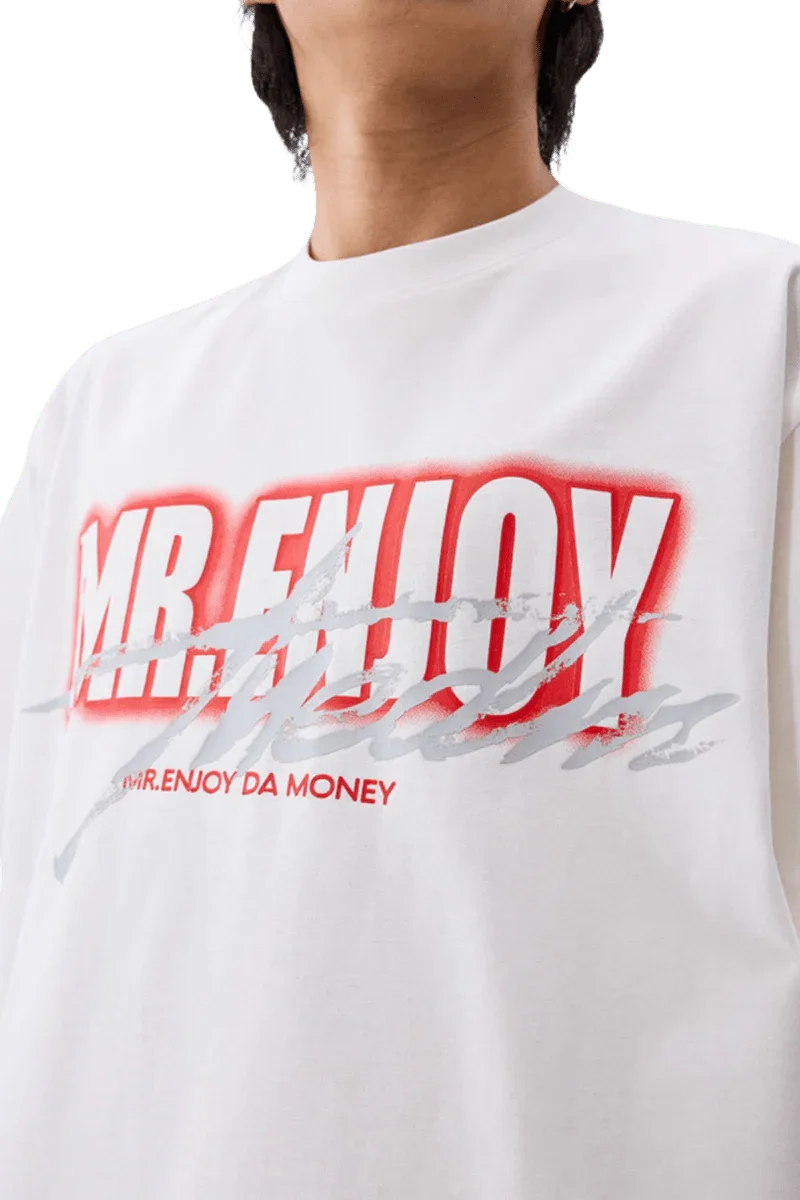 MEDM SS25 Neon Spray Paint Tee in white featuring bold Mr Enjoy Da Money graphic design