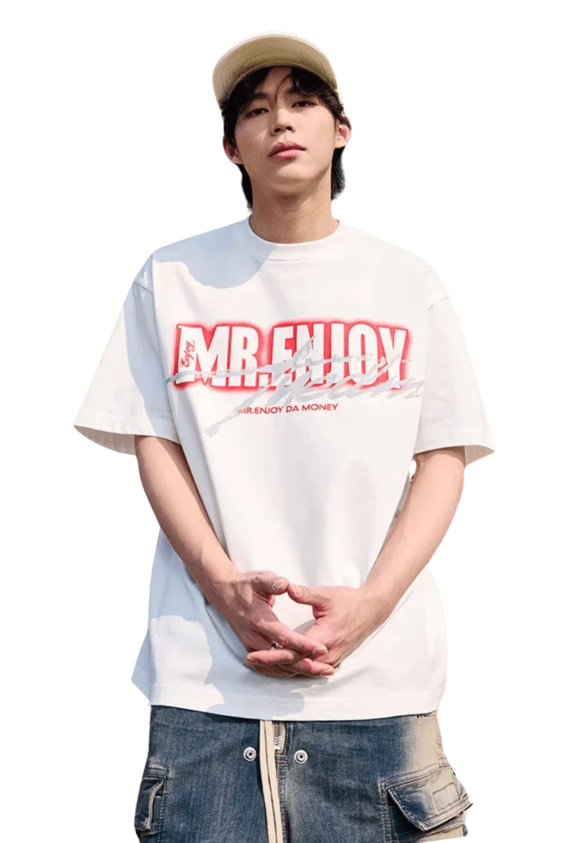 MEDM SS25 Neon Spray Paint Tee in white featuring bold MR ENJOY lettering for a trendy look