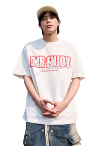 MEDM SS25 Neon Spray Paint Tee in white featuring bold MR ENJOY lettering for a trendy look