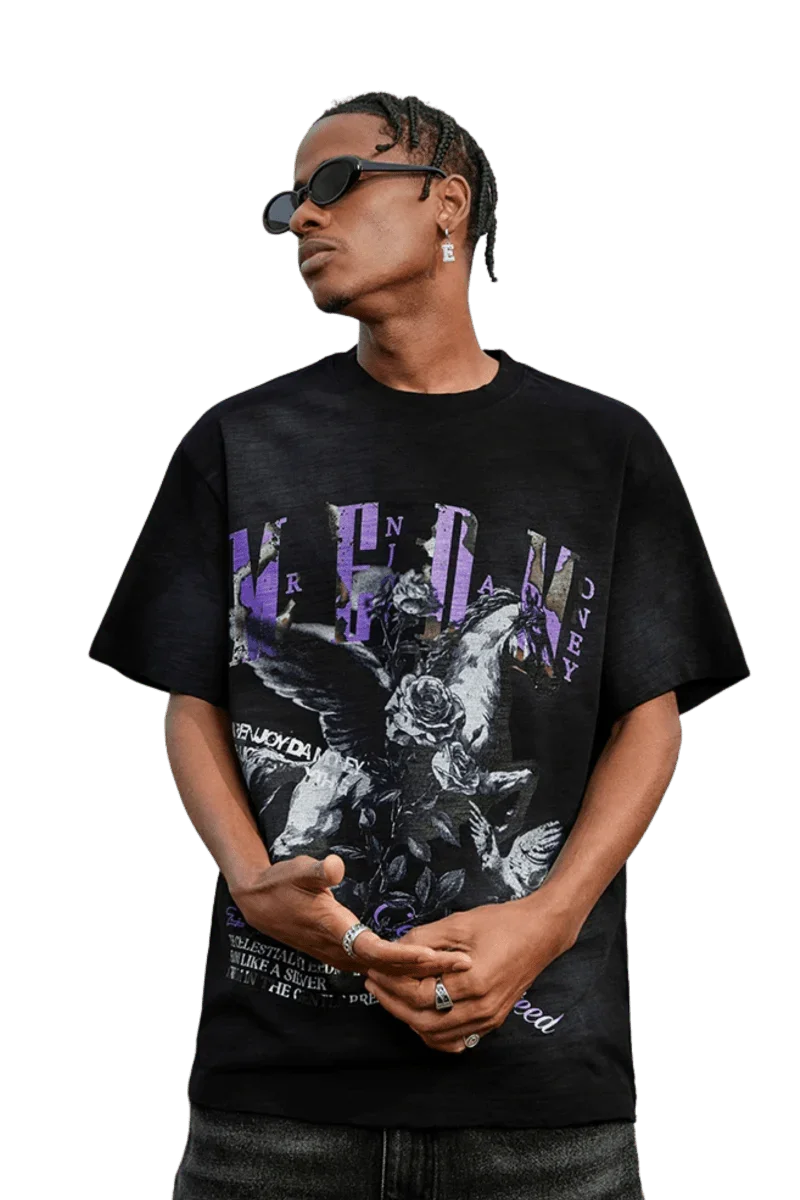 MEDM SS25 Pegasus Stained Tee in black with vibrant graphics and an urban style