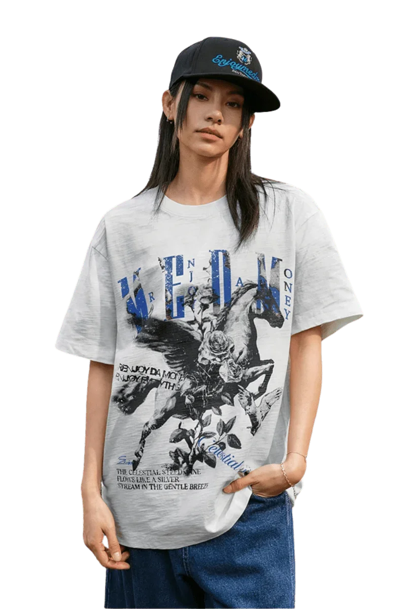 MEDM SS25 Pegasus Stained Tee in light gray with graphic print and relaxed fit for casual wear