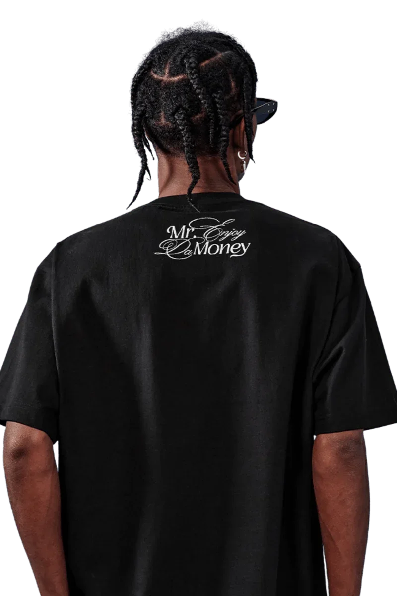 Back view of MEDM SS25 Rhinestone Tee by Mr Enjoy Da Money featuring logo detail on a black shirt