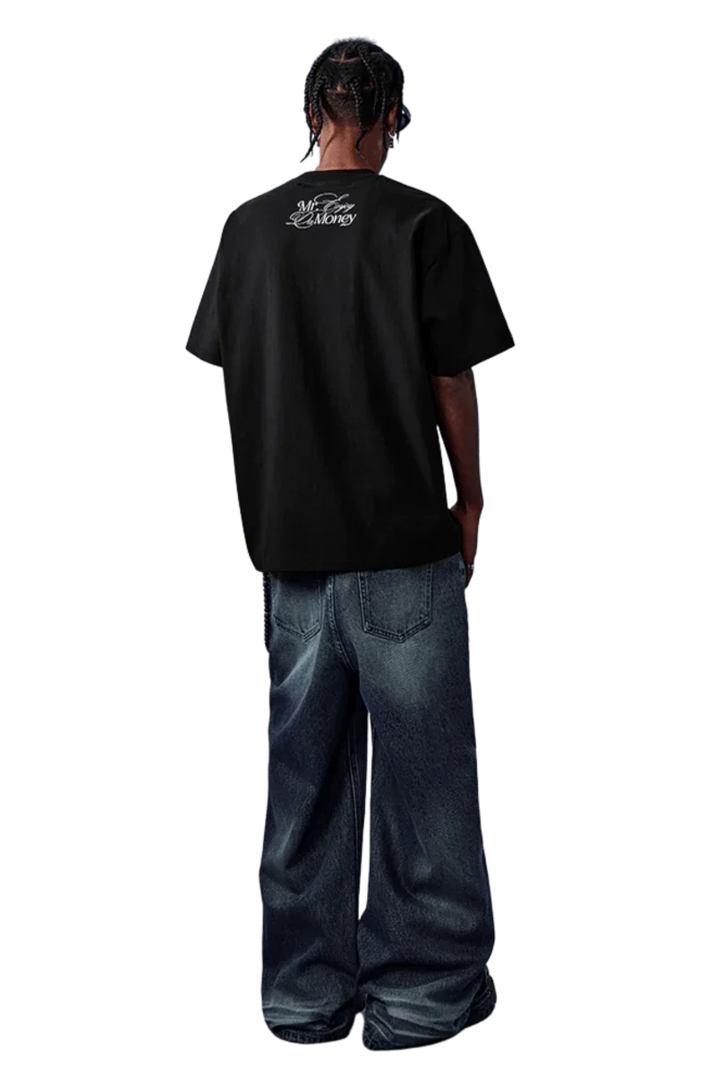Men's black MEDM SS25 Rhinestone Tee featuring stylish logo design on the back