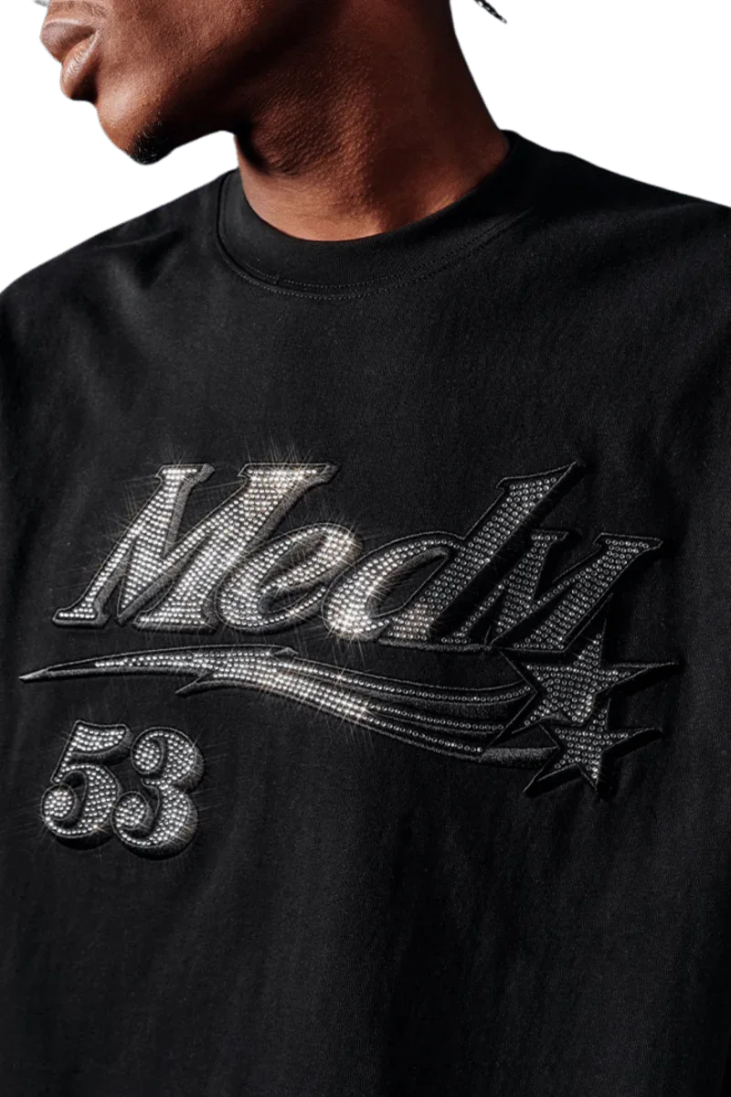 Close-up of MEDM SS25 Rhinestone Tee in black featuring shimmering rhinestone details