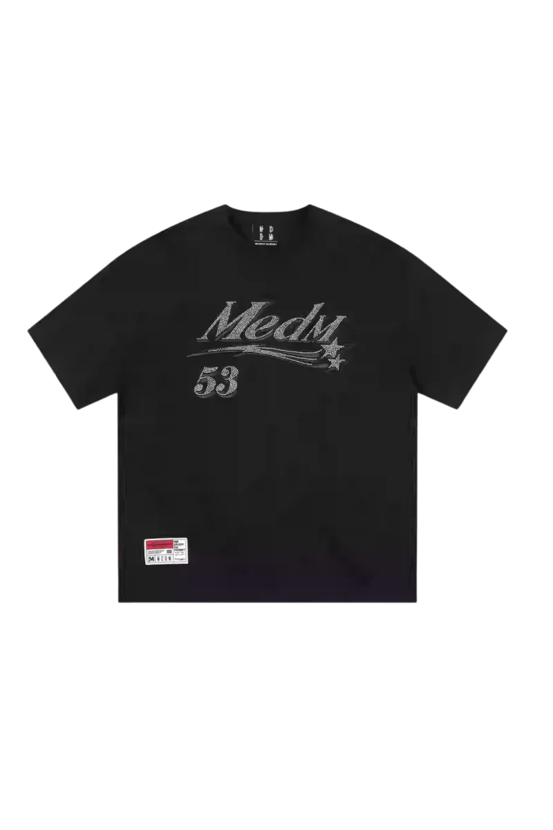 MEDM SS25 Rhinestone Tee in black featuring stylish graphics and comfortable fit