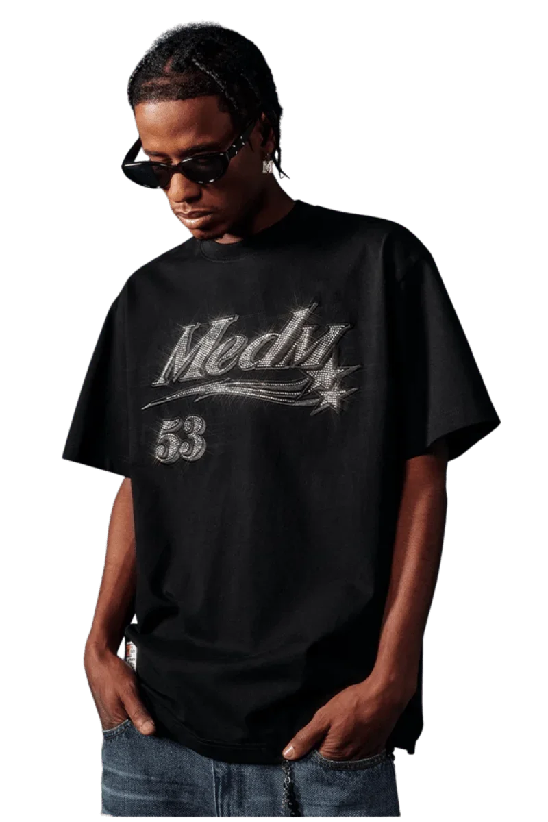 MEDM SS25 Rhinestone Tee in Black featuring a stylish graphic design for a trendy look