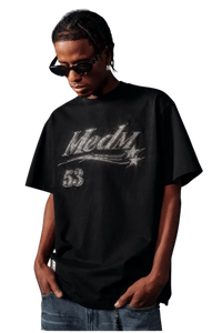 MEDM SS25 Rhinestone Tee in Black featuring a stylish graphic design for a trendy look