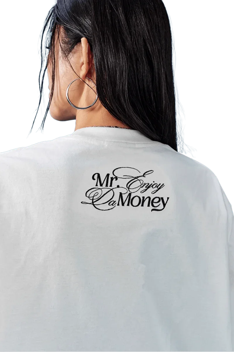 MEDM SS25 Rhinestone Tee featuring the Mr Enjoy Da Money logo on the back in stylish design