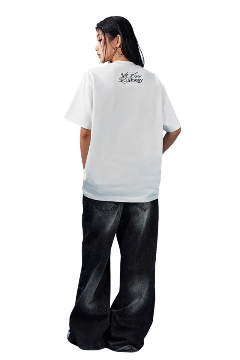 MEDM SS25 Rhinestone Tee in white featuring a stylish back logo design by Mr Enjoy Da Money