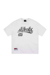 Mr Enjoy Da Money MEDM SS25 Rhinestone Tee in white with stylish graphic design