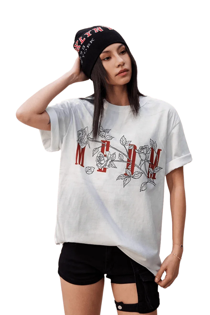 MEDM SS25 Rose Branch Stained Tee in White featuring floral graphics and relaxed fit for casual style