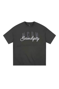MEDM SS25 Serendipity Embroidery Tee in dark gray with stylish embroidered text
