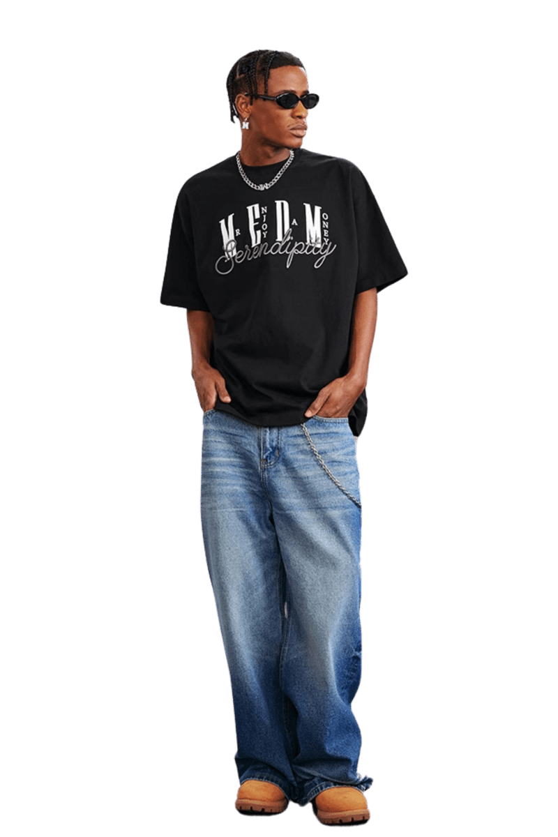 Black MEDM SS25 Serendipity Embroidery Tee featuring a stylish graphic design for casual wear