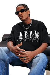 MEDM SS25 Serendipity Embroidery Tee in Black with Bold Lettering and Relaxed Fit