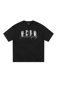 MEDM SS25 Serendipity Embroidery Tee in black featuring stylish embroidered text design