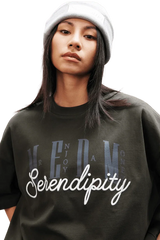 MEDM SS25 Serendipity Embroidery Tee in dark olive color with stylish lettering for a trendy look