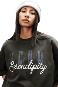 MEDM SS25 Serendipity Embroidery Tee in dark olive color with stylish lettering for a trendy look