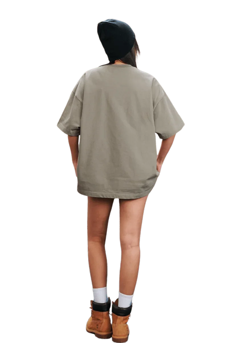 MEDM SS25 Serendipity Embroidery Tee in olive green with a relaxed fit and back view
