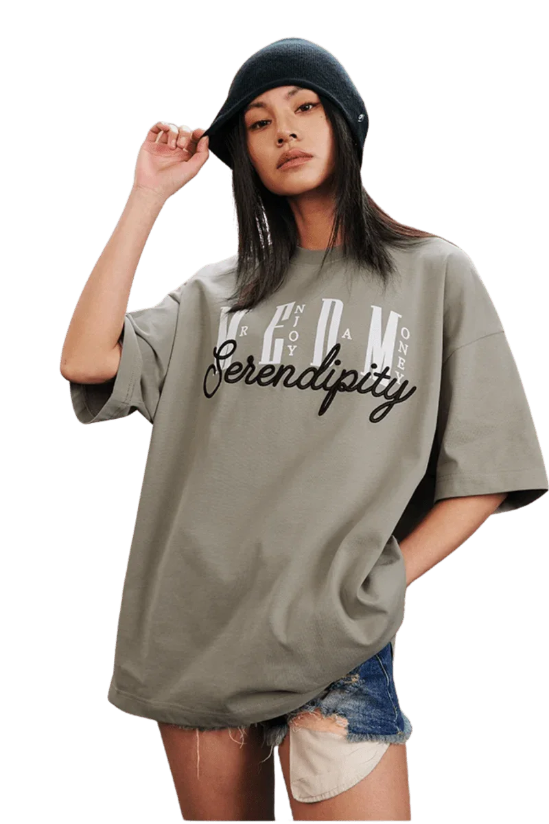 Model wearing a MEDM SS25 Serendipity Embroidery Tee in gray with stylish oversized fit
