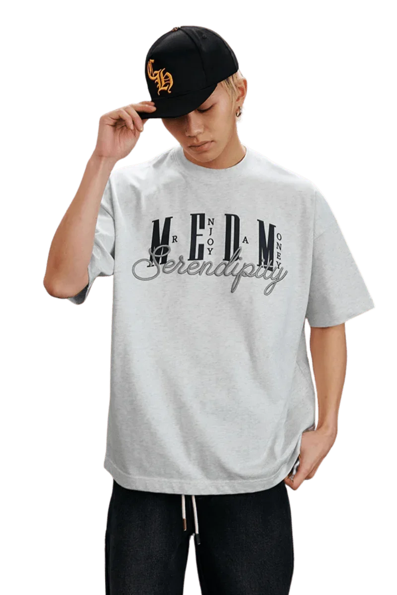 Gray MEDM SS25 Serendipity Embroidery Tee with relaxed fit and stylish design for casual wear