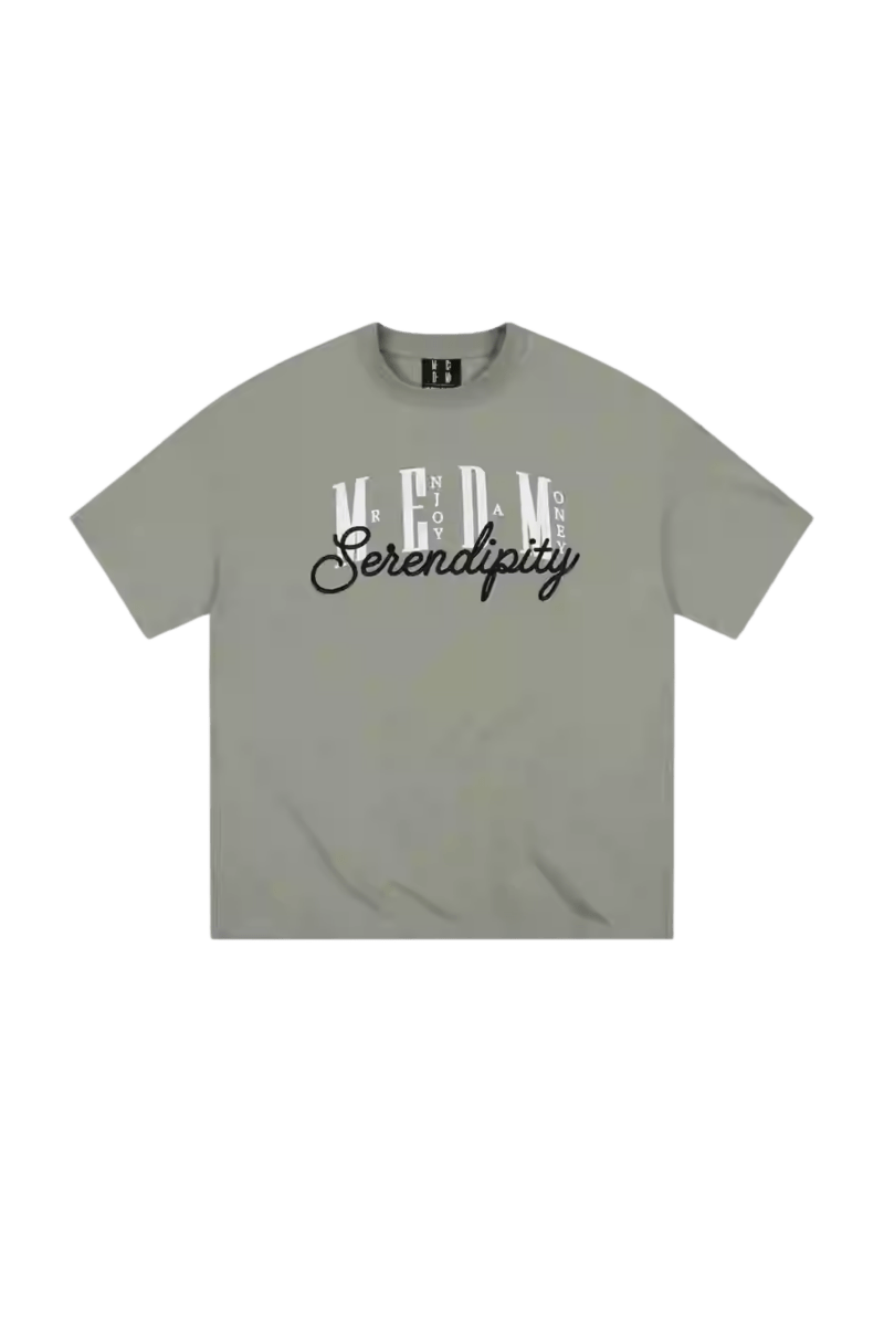 MEDM SS25 Serendipity Embroidery Tee in gray with stylish embroidered text