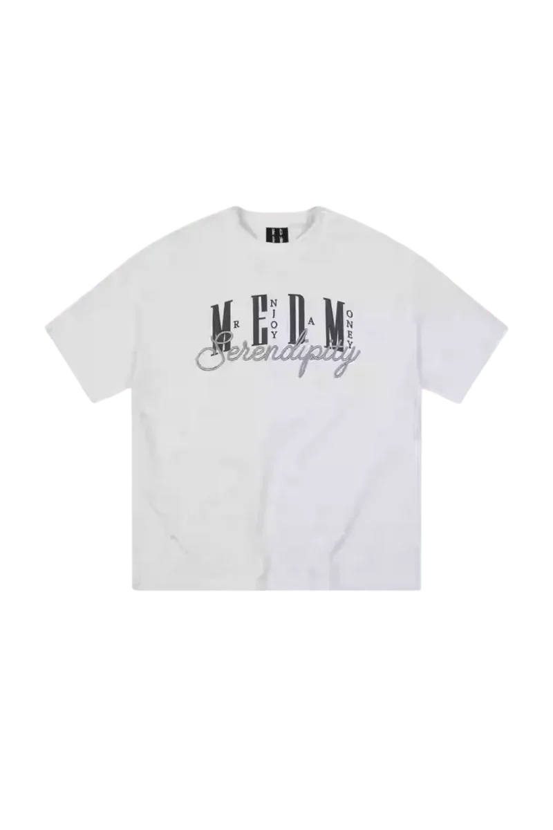Mr Enjoy Da Money MEDM SS25 Serendipity Embroidery Tee in white with stylish graphic design
