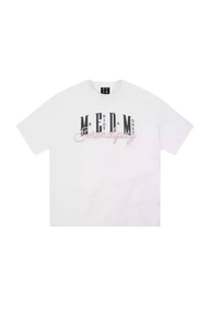 MEDM SS25 Serendipity Embroidery Tee in white cotton with unique multicolor lettering design